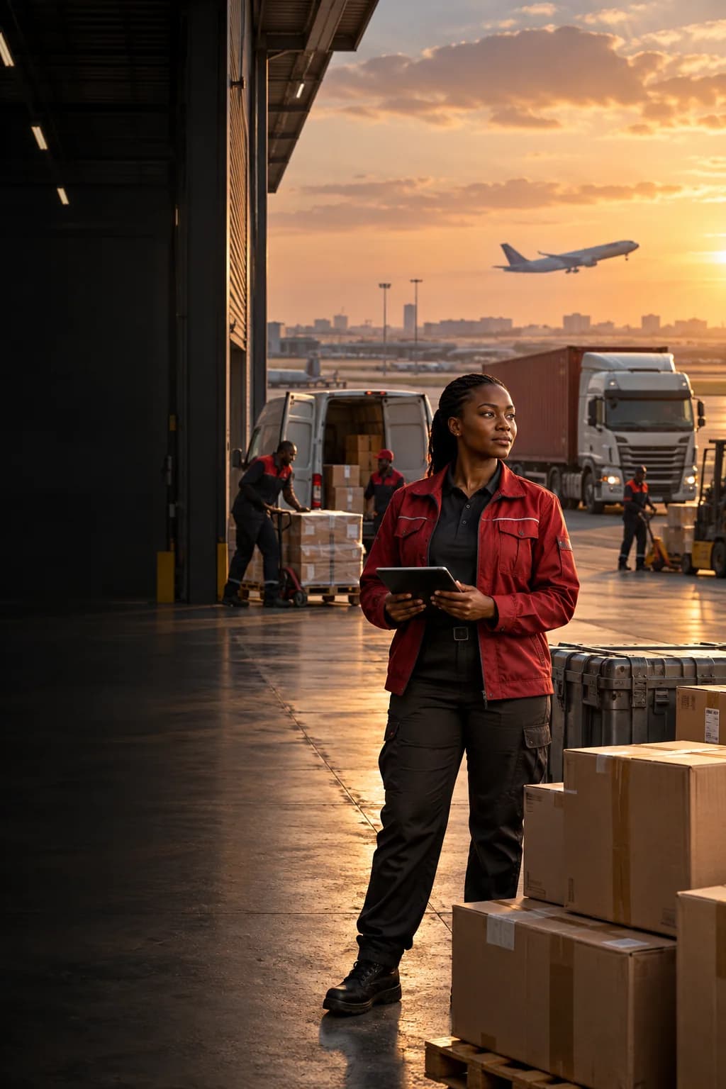 A logistics team coordinating deliveries beside a van, freight truck and aircraft